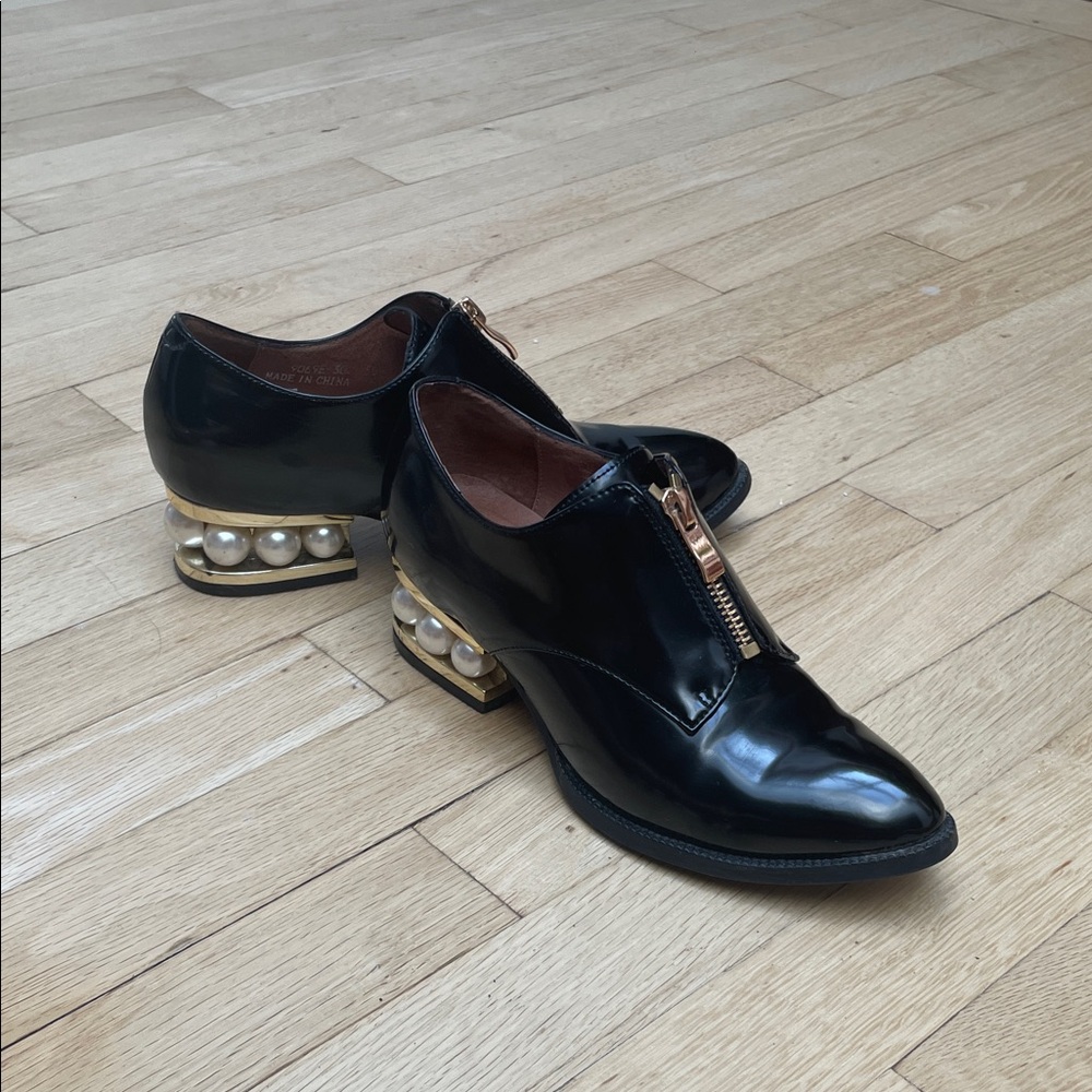 Jeffrey Campbell Black Patent Loafers with Pearl Heel